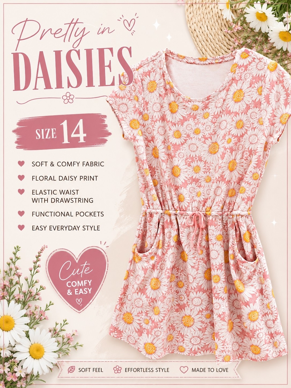 Girls Pink Daisy Print Casual Dress Pockets Size 14